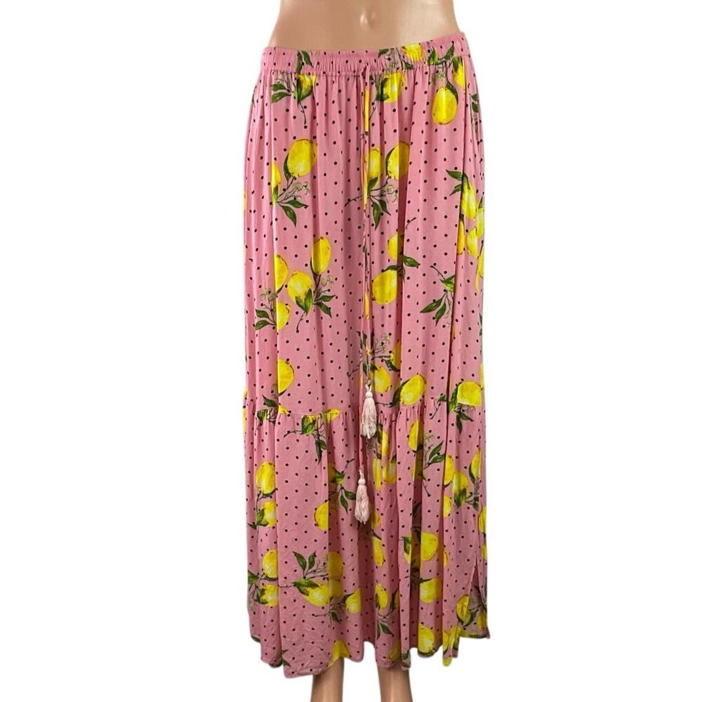 Label of Love Pink Lemon Polka Dot Tassel Tie Tropical Tiered Midi Skirt Size M